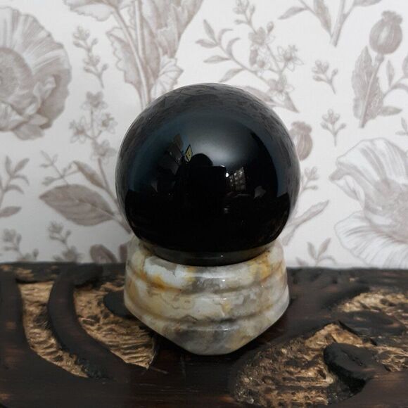 Curated pair set black obsidian crystal ball sphere stone with crazy agate stand - Picture 8 of 8
